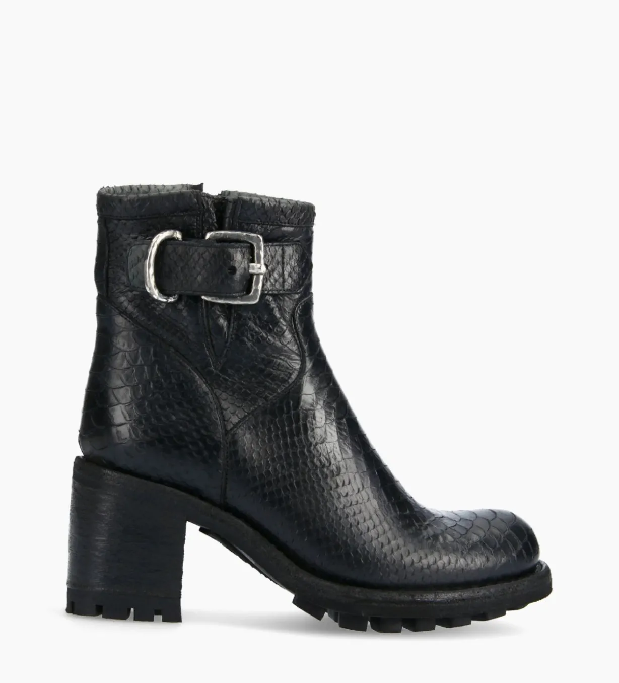 Boot biker à boucle - Justy 70 - Cuir lavé embossé python - Noir