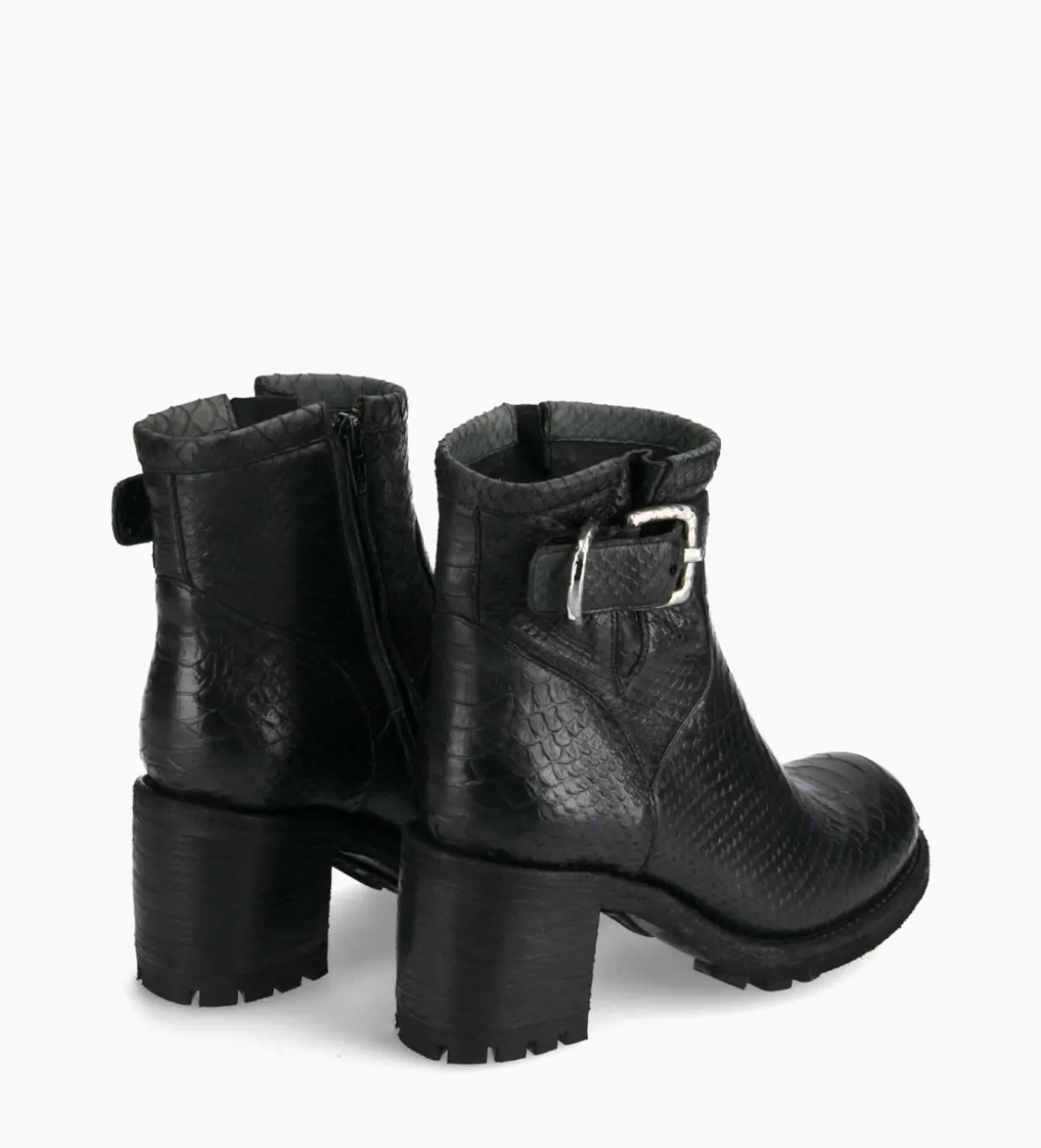 Boot biker à boucle - Justy 70 - Cuir lavé embossé python - Noir