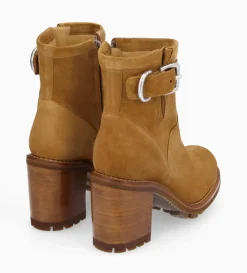 Boot biker à boucle - Justy 90 - Cuir velours - Biscuit