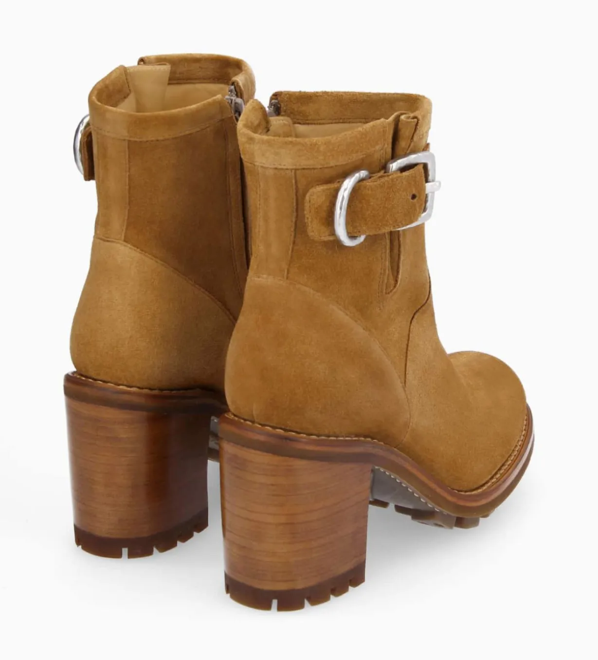 Boot biker à boucle - Justy 90 - Cuir velours - Biscuit