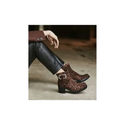 Boot biker à boucle - Justy 70 - Cuir velours - Léopard