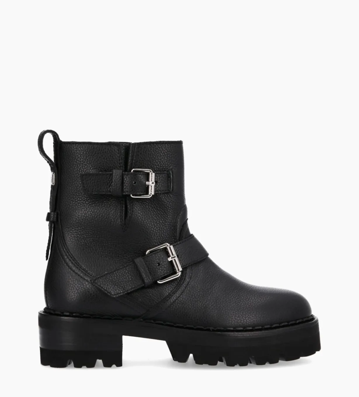 Boot biker à double boucle - Carrie 45 - Cuir grainé - Noir