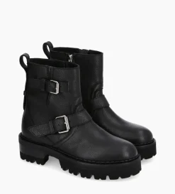 Boot biker à double boucle - Carrie 45 - Cuir grainé - Noir