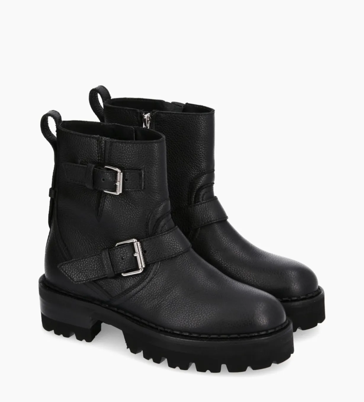 Boot biker à double boucle - Carrie 45 - Cuir grainé - Noir