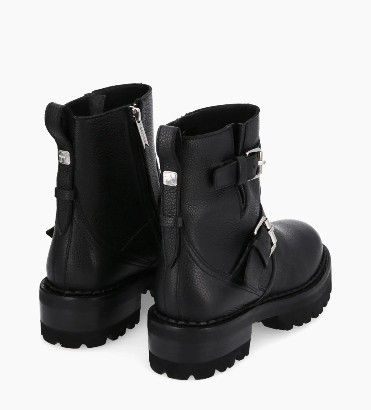 Boot biker à double boucle - Carrie 45 - Cuir grainé - Noir