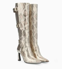 Botte à talon avec boucles - Cathy 85 - Cuir imprimé serpent - Doré