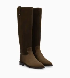 Botte à talon plat - Joan - Cuir velours - Marron foncé