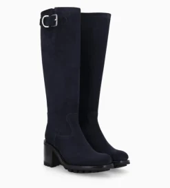 Botte biker zippée à boucle - Justy 70 - Cuir velours - Marine