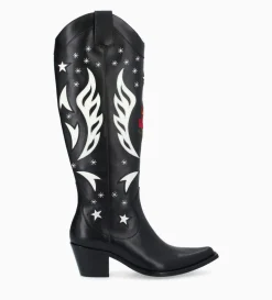 Botte western à talon brodée - Tina 50 - Cuir de veau lisse brillant - Noir/Beige