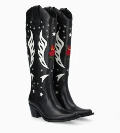 Botte western à talon brodée - Tina 50 - Cuir de veau lisse brillant - Noir/Beige