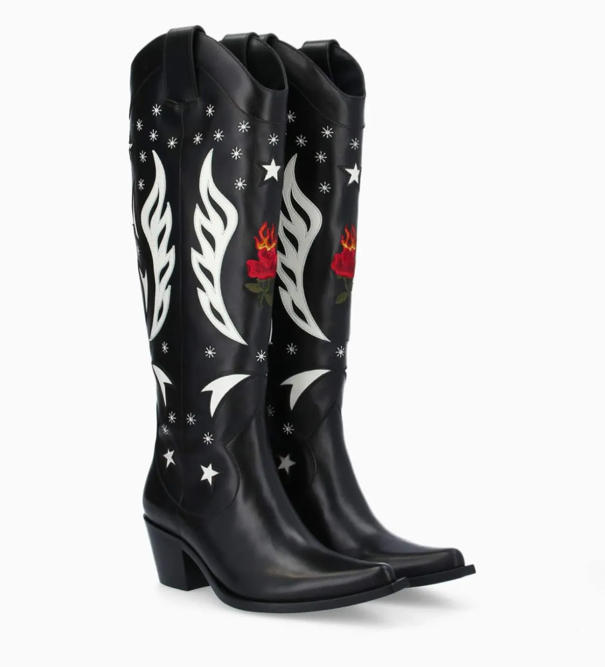 Botte western à talon brodée - Tina 50 - Cuir de veau lisse brillant - Noir/Beige