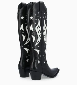 Botte western à talon brodée - Tina 50 - Cuir de veau lisse brillant - Noir/Beige