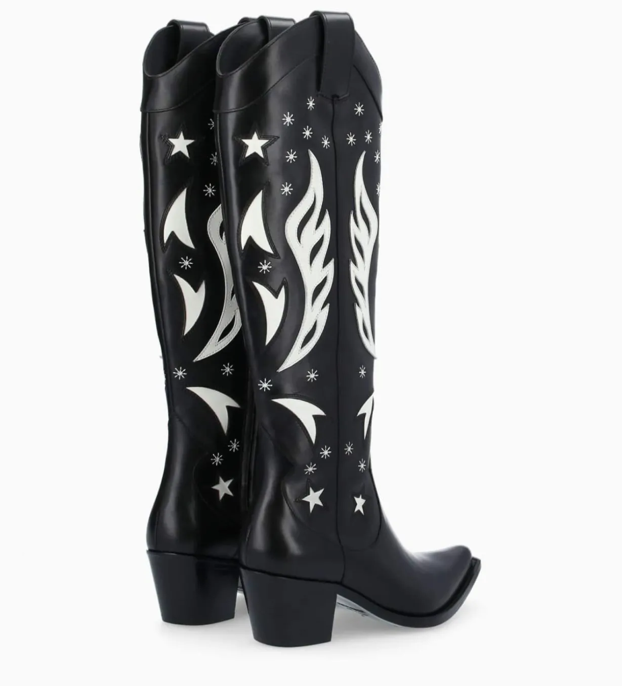 Botte western à talon brodée - Tina 50 - Cuir de veau lisse brillant - Noir/Beige