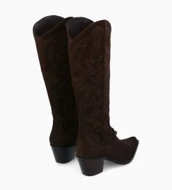 Botte western brodée à talon - Ruby 50 - Cuir velours - Marron foncé
