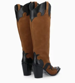 Botte western brodée à talon - Terry 80 - Cuir velours/Cuir imprimé lézard - Noir/Brun