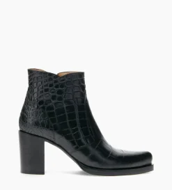 Bottine à talon à zip - Paddy 70 - Cuir embossé croco - Noir