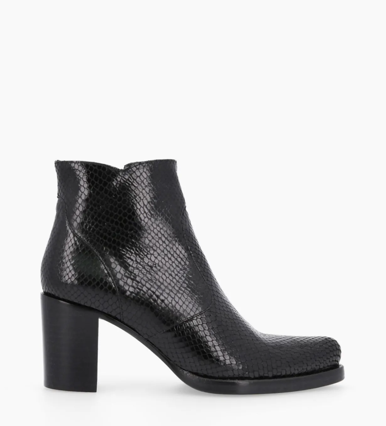 Bottine à talon à zip - Paddy 70 - Cuir imprimé serpent - Noir