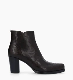 Bottine à talon à zip - Paddy 70 - Cuir imprimé serpent - Café