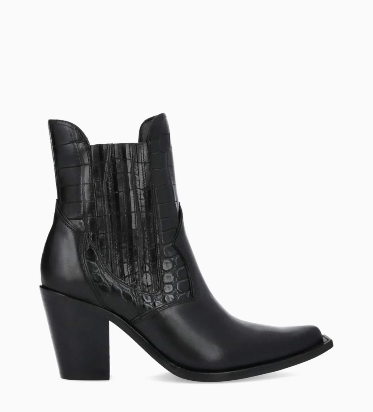 Bottine chelsea à talon - Sandy 80 - Cuir imprimé crocodile/Cuir lisse brillant - Noir
