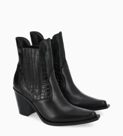 Bottine chelsea à talon - Sandy 80 - Cuir imprimé crocodile/Cuir lisse brillant - Noir
