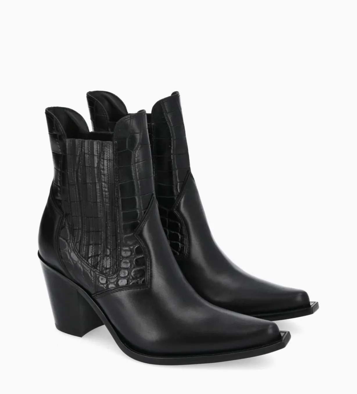 Bottine chelsea à talon - Sandy 80 - Cuir imprimé crocodile/Cuir lisse brillant - Noir