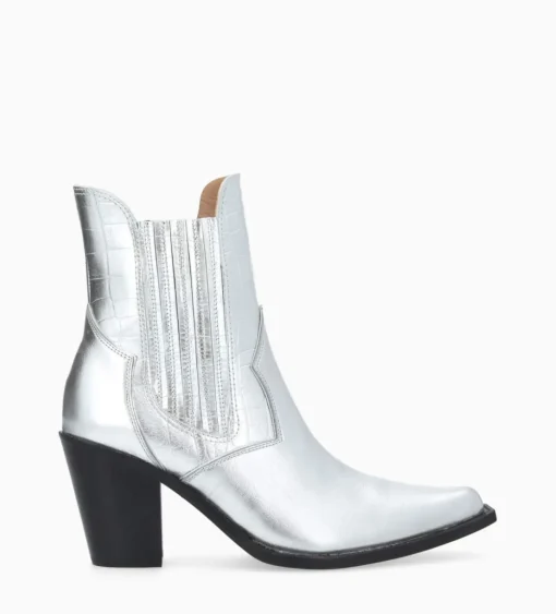 Bottine chelsea à talon - Sandy 80 - Cuir imprimé crocodile/Cuir métallisé - Argent