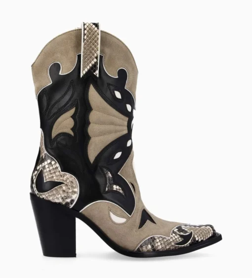Bottine western à talon - Andrea 80 - Cuir de veau/Velours/Nappa/Serpent - Noir/Beige/Taupe