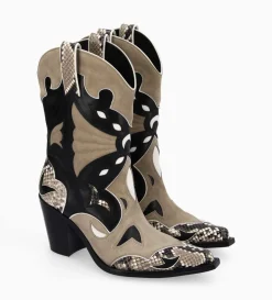 Bottine western à talon - Andrea 80 - Cuir de veau/Velours/Nappa/Serpent - Noir/Beige/Taupe