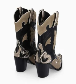 Bottine western à talon - Andrea 80 - Cuir de veau/Velours/Nappa/Serpent - Noir/Beige/Taupe
