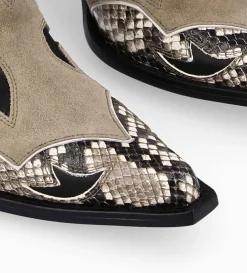 Bottine western à talon - Andrea 80 - Cuir de veau/Velours/Nappa/Serpent - Noir/Beige/Taupe