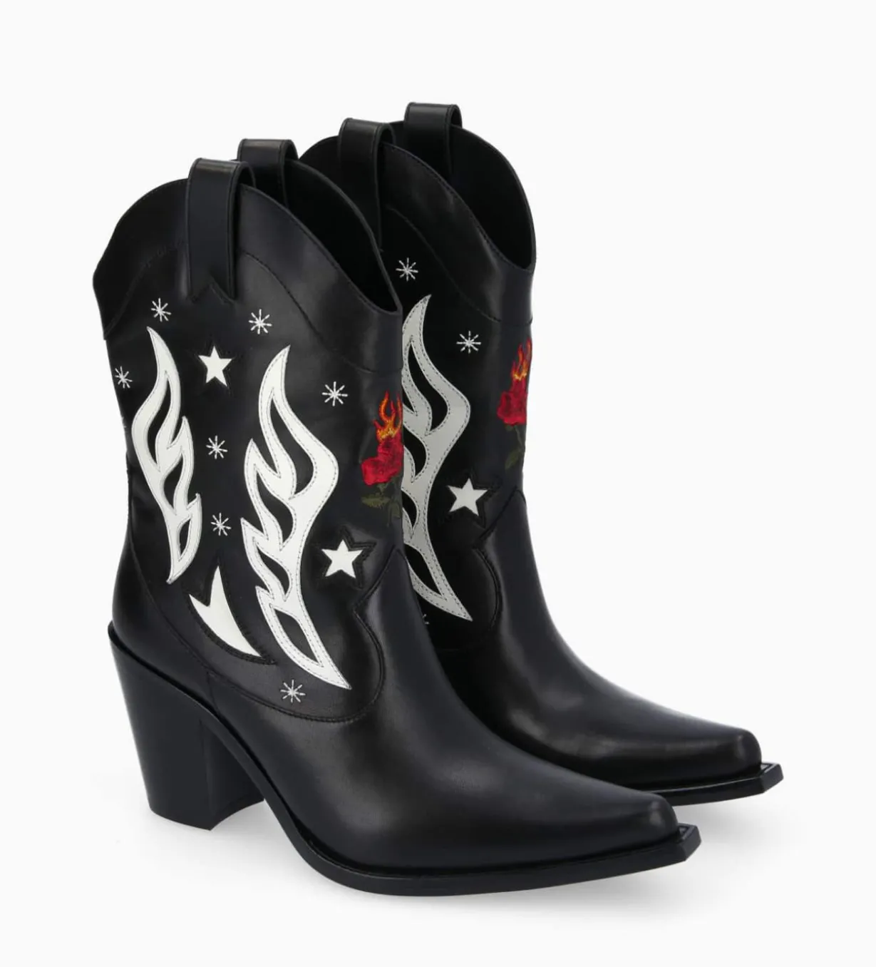 Bottine western à talon brodée - Tippi 80 - Cuir de veau lisse brillant - Noir/Beige