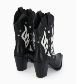 Bottine western à talon brodée - Tippi 80 - Cuir de veau lisse brillant - Noir/Beige