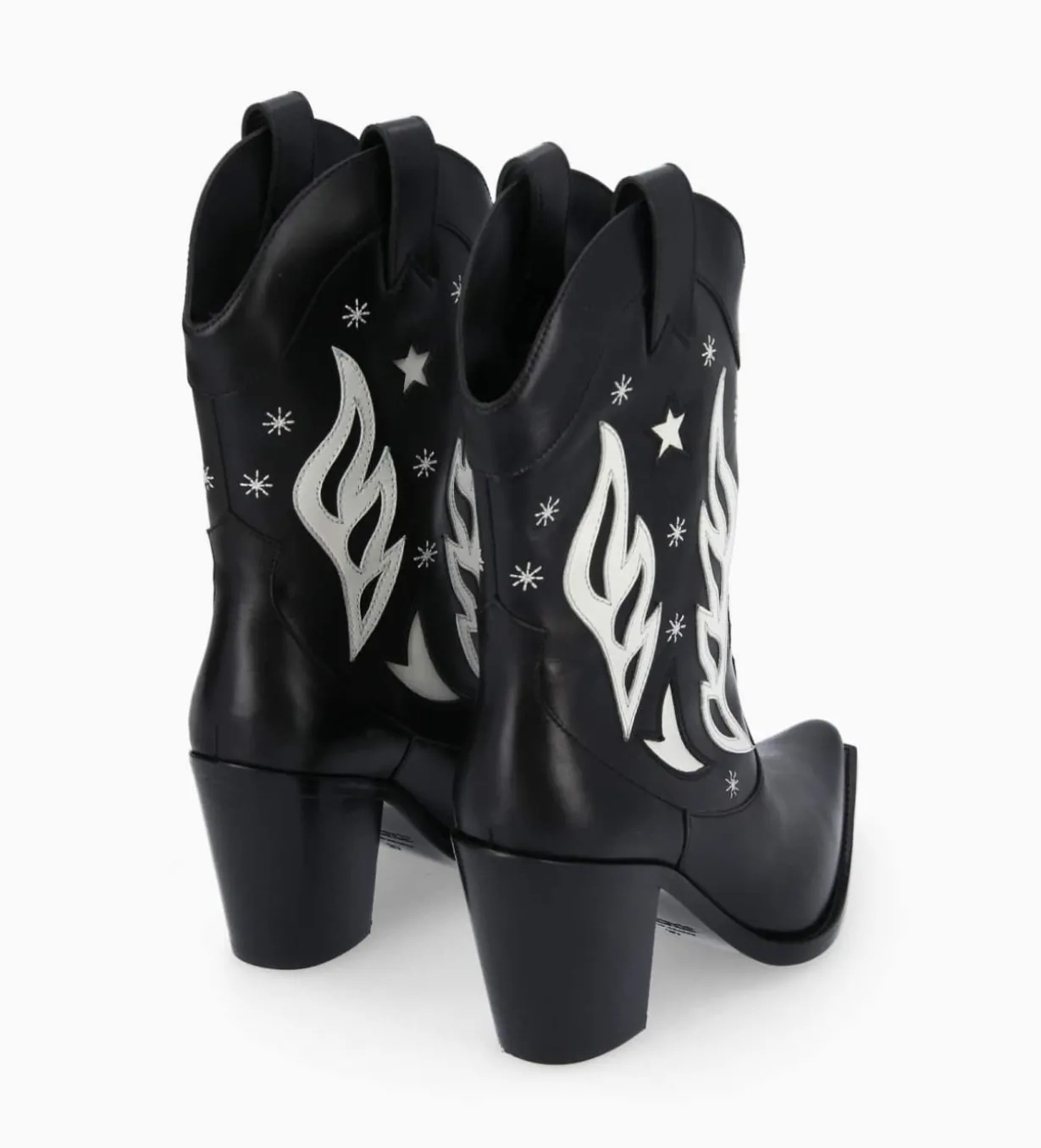 Bottine western à talon brodée - Tippi 80 - Cuir de veau lisse brillant - Noir/Beige
