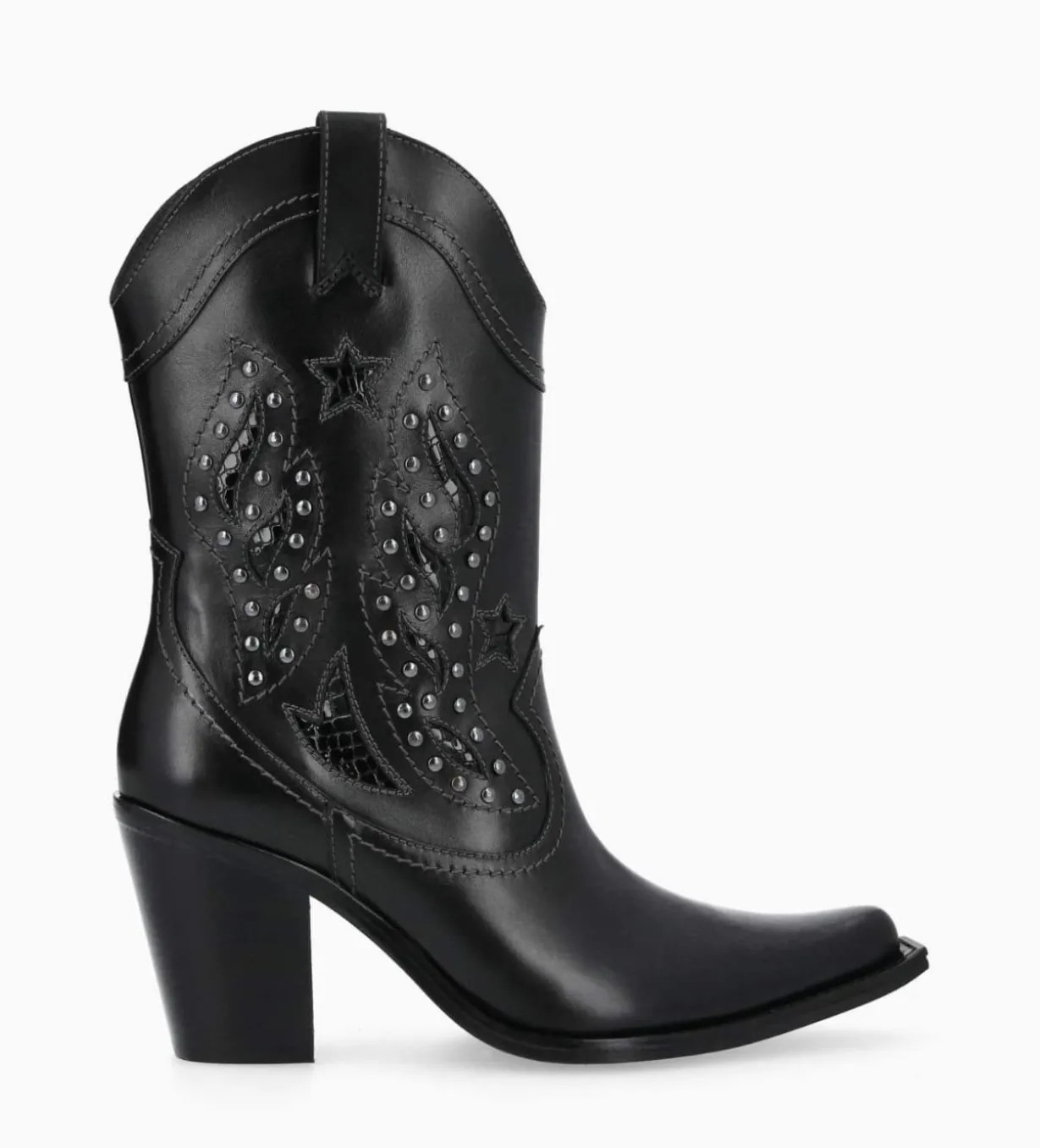 Bottine western brodée à talon avec clous - Tippi 80 - Cuir de veau lisse/Cuir imprimé serpent - Noir