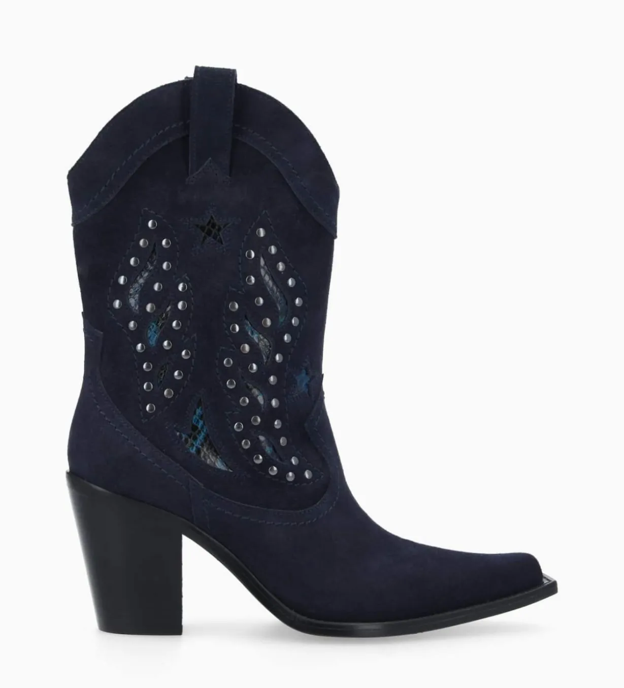 Bottine western brodée à talon avec clous - Tippi 80 - Cuir velours/Cuir imprimé serpent - Marine