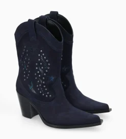 Bottine western brodée à talon avec clous - Tippi 80 - Cuir velours/Cuir imprimé serpent - Marine