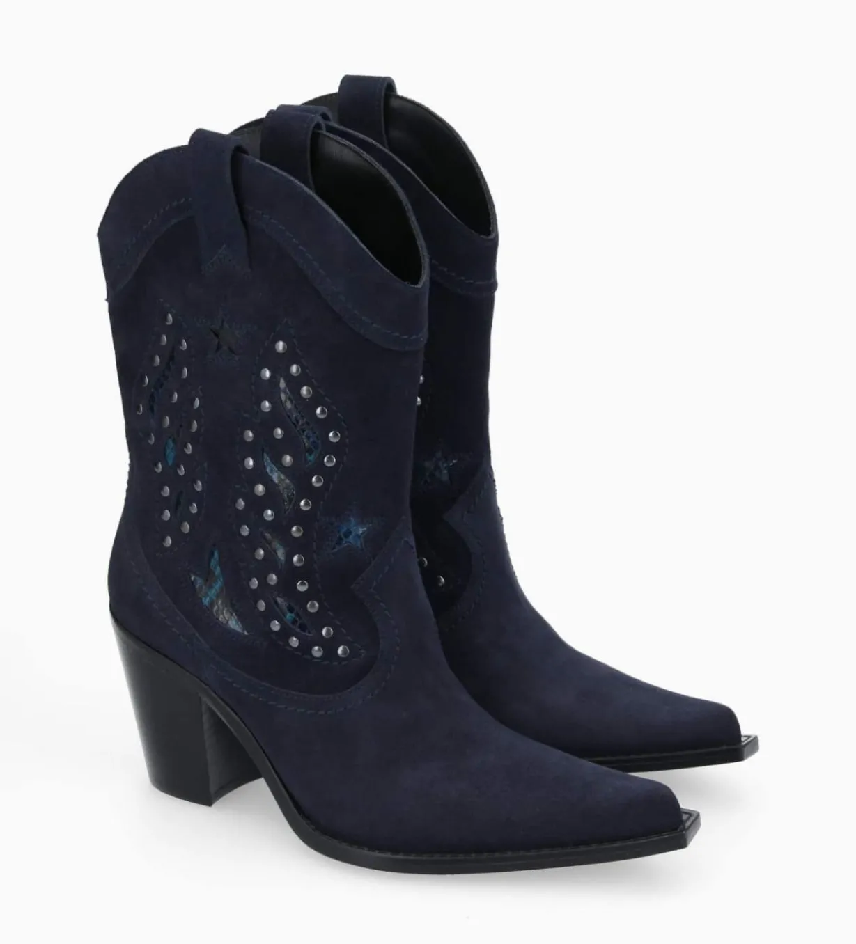 Bottine western brodée à talon avec clous - Tippi 80 - Cuir velours/Cuir imprimé serpent - Marine