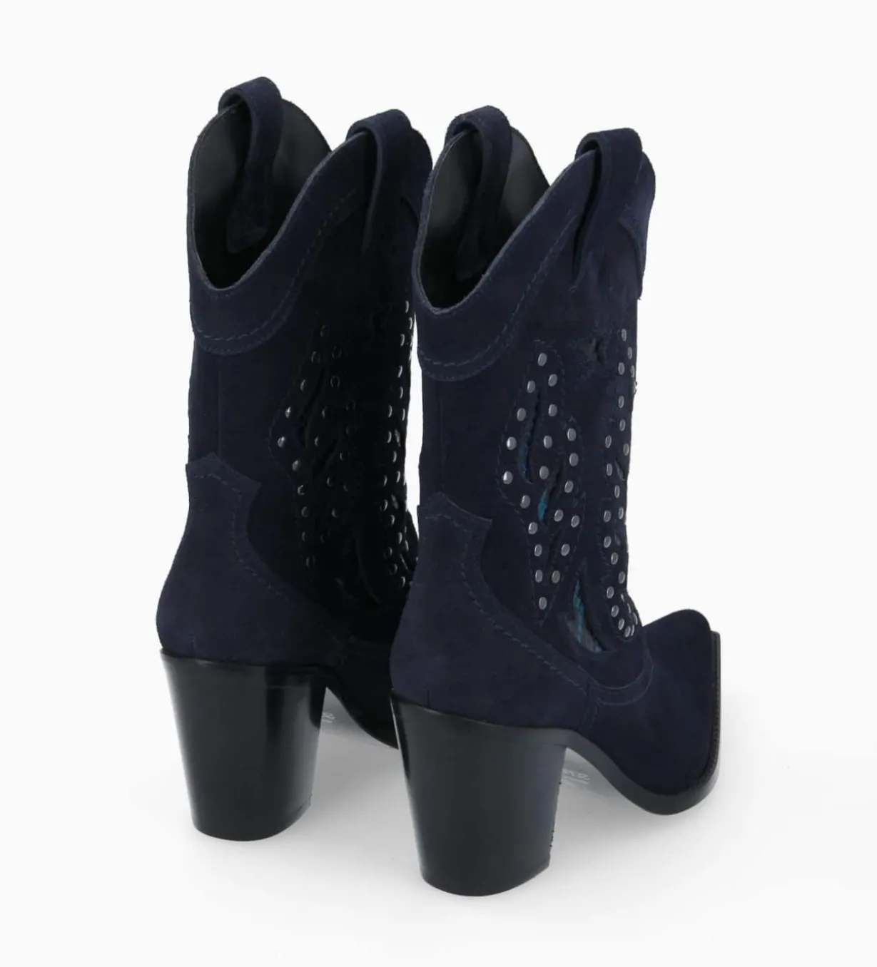 Bottine western brodée à talon avec clous - Tippi 80 - Cuir velours/Cuir imprimé serpent - Marine