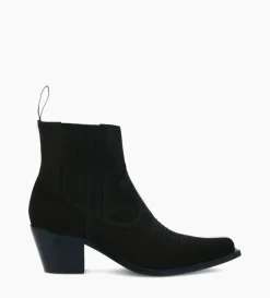 Bottine western chelsea brodée à talon - Simone 50 - Cuir velours - Noir