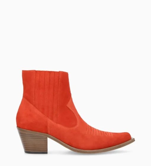 Bottine western chelsea brodée à talon - Simone 50 - Cuir velours - Coquelicot