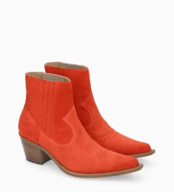 Bottine western chelsea brodée à talon - Simone 50 - Cuir velours - Coquelicot