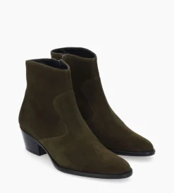 Bottine western zippée à talon - Jane 5 - Cuir velours - Kaki
