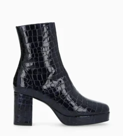Bottine zippée à talon - Carlotta 70 - Cuir imprimé crocodile verni - Bleu nuit