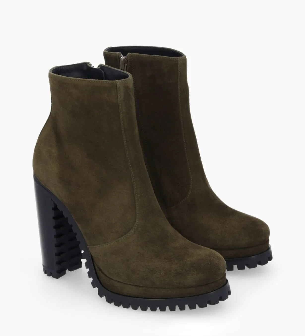 Bottine zippée à talon - Lery 7 - Cuir velours - Kaki