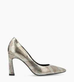 Escarpin à talon à bout pointu - Iris 85 - Cuir imprimé serpent - Doré