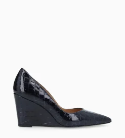 Escarpin à talon compensé à bout pointu - Francesca 70 - Cuir imprimé crocodile verni - Bleu nuit