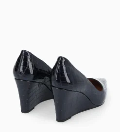 Escarpin à talon compensé à bout pointu - Francesca 70 - Cuir imprimé crocodile verni - Bleu nuit