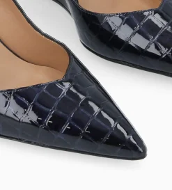 Escarpin à talon compensé à bout pointu - Francesca 70 - Cuir imprimé crocodile verni - Bleu nuit
