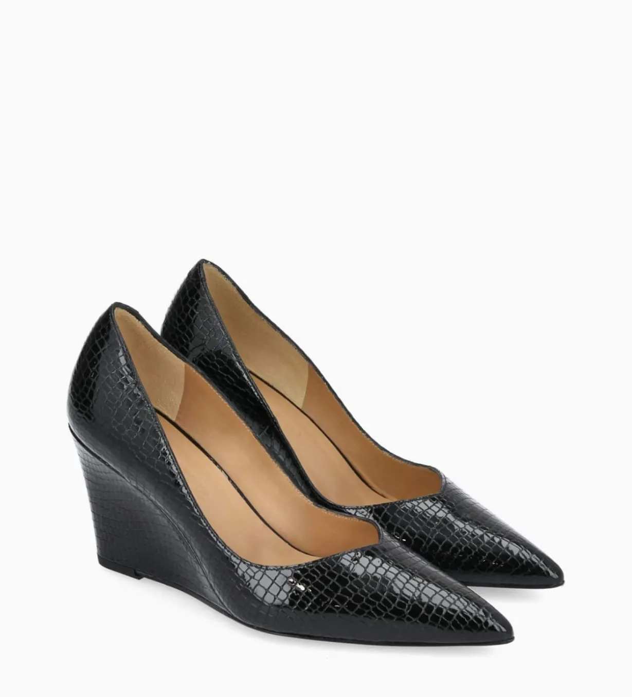 Escarpin à talon compensé à bout pointu - Francesca 70 - Cuir imprimé serpent verni - Noir