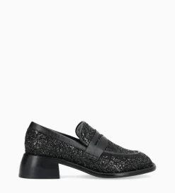 Mocassin à talon à bout carré - Anaïs 50 - Toile pailletée/Cuir de veau - Onyx/Noir